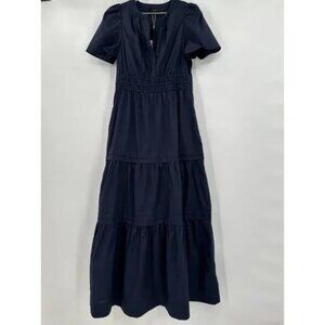 Quince Navy Blue Organic Cotton Tiered Maxi Dress sz M Women's Pockets Poplin